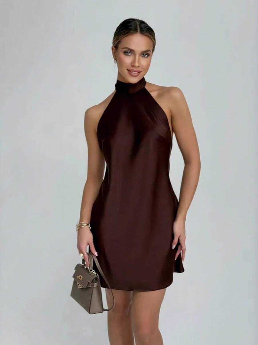 Nuevo vestido corto de mujer de unicolor con cuello halter, sin mangas y ajuste globo - Café - Ver 1