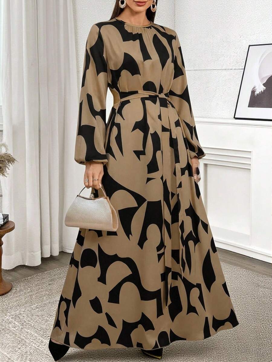 女士休闲印花系带长裙，阿拉伯风格连衣裙，优雅阿巴雅长袍，夏季度假装，春假装 - 彩色 - 查看 1