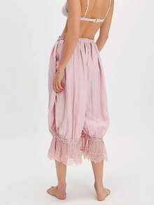 Women Lace Trim Long Bloomers Y2k Elastic Mid Rise Ruffle Victorian Pantaloons Cropped Flared Slips Pants Pumpkin Pants - 粉色 - 查看 4