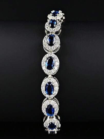 MOONSO Pulsera de lujo totalmente pavimentada con circonita cúbica sintética azul ovalada y brillante S6923