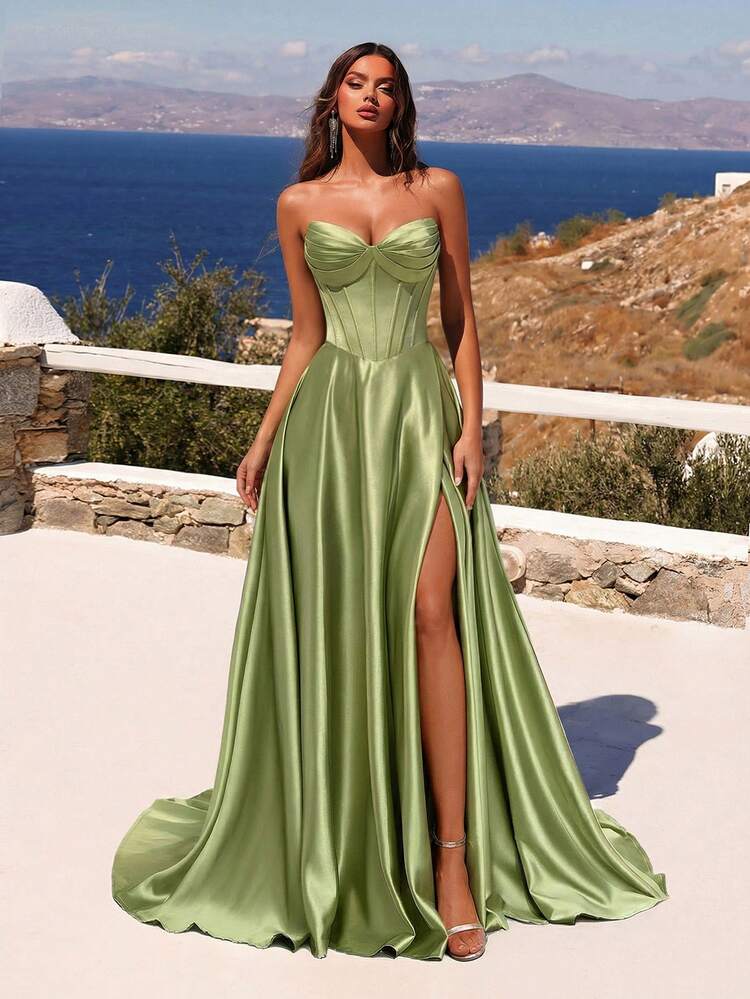 ADYCE Rochie elegantă de vară, fără bretele, cu decolteu în V, cu talie înaltă și crăpături, design cu noduri la spate, potrivită pentru gale, ocazii formale, banchete, invitați la nuntă și multe altele, petreceri de primăvară. - Verde - Vizualizare 1
