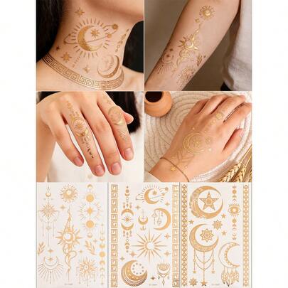 3pcs Metallic Gold Temporary Tattoo Stickers, Sun Moon Waterproof Tattoo, Bronze Shiny Star Element Fake Tattoo Suitable For Face, Body, Arm, Neck Body Makeup