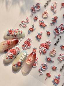 1pc Snake Nail Stickers New Year 5D Reliefs Rui Snake Welcomes Spring Nail Art Stickers DIY Manicure Decoration Supplies Decals Nails - Multicolor - View 1
