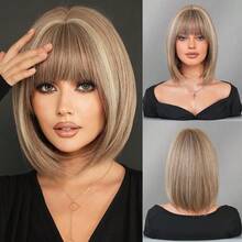 7JHH WIGS Flaxen Brown Short Straight Hair Wig For Women 12 Inch Brown Mixed Beige Highlight Hair Elegant Bob Wig With Bangs, Synthetic Fiber Full Machine Fake Hair For Daily Wear, Festival Ready & Party Costume Wigs Accessory - Girl's Gift - Beige Highlight - View 12