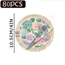 1/4/6件套春夏系列，多色绣球花配亮绿色叶子和蓝紫色蝴蝶亚麻印花流苏桌垫/咖啡杯垫 - 彩色 - 查看 18