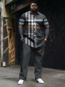 Plus Size Men's Suit, Plus Size Men's Shirt Set, Printed Machine Washable, 2 Pieces Long Sleeve Shirt And Pants, Plus Size Men's Clothing - Grey - View 2