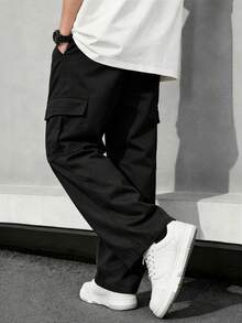 1件装休闲宽松直筒工装裤，带大口袋，美式设计，适合青少年男孩 - 黑色 - 查看 2