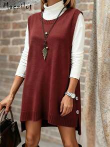 Solid Color Fashionable Streetwear Sleeveless Round Neck Vest Top With Button Design Sweater - Red - View 3