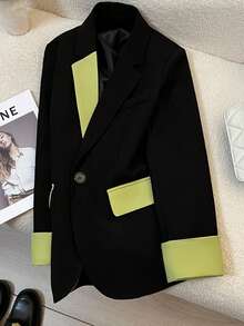 Women's Spring Fashion Black & Green Contrast-Paneled Casual Blazer Coat - Black - View 10