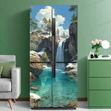 Waterfall Scenery Double Door Refrigerator Sticker, Self-Adhesive, Removable, 2D Flat Refrigerator Decoration, Removable Sticker, Kitchen Sticker, Home Decor Sticker, Creative Homeowner's Wardrobe Decoration, Suitable For Refrigerator Cabinets, Kitchen Wardrobes, Bedroom Wall Cabinets, Easy To Install And Remove (Just A Sticker) - Style 1 - View 5