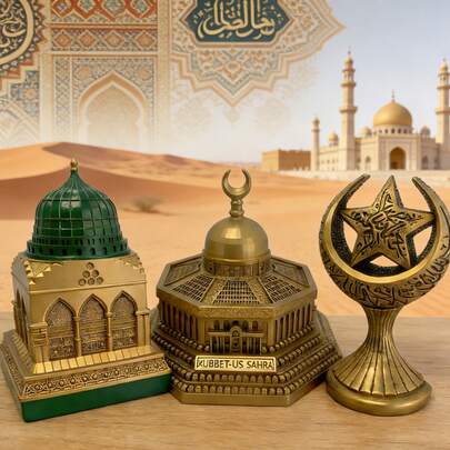 3 Piezas Colección de Decoración Islámica de Resina: Estatua de Media Luna y Estrella (Con Caligrafía Árabe) + Mezquita + Estatuas de la Cúpula de la Roca - Detalles Intrincados, Acabados en Dorado/Verde para Exhibiciones de Ramadán y Accesorios Islámicos para el Hogar