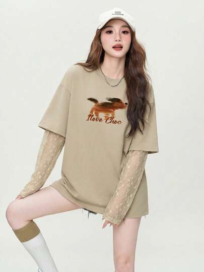 2026 New Lace Splice Sleeve Elegant Charming Women's Top, Hand-Painted Animal Print Round Neck Long Sleeve T-Shirt, New Year