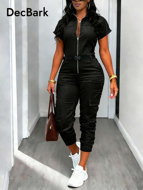 Women's Spring/Summer Short Sleeve Collared Zip Pocket Jumpsuit With Belt Black Elegant