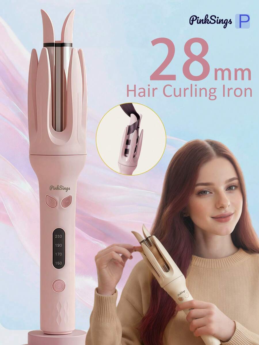 PinkSings آلة تجعيد الشعر بلمسة واحدة بسهولة، مجعد الشعر الأوتوماتيكي بأسطوانة قطرها 28 مم، تجعيد أوتوماتيكي لليسار واليمين ب- 4 أوضاع درجة حرارة، مولد أيونات سالبة لرعاية الشعر، مؤقت وحساس ذكي، إيقاف تلقائي