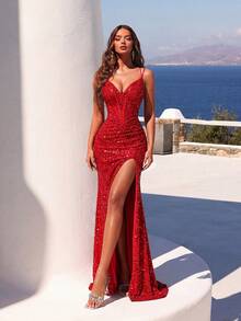 ADYCE Sequin Spaghetti Strap V-Neck Front Slit Backless Tie Dress, Women's Formal Evening Gown, Suitable For Party/Prom, Wedding Guest, Graduation, New Year And Other Occasions - Red - View 7