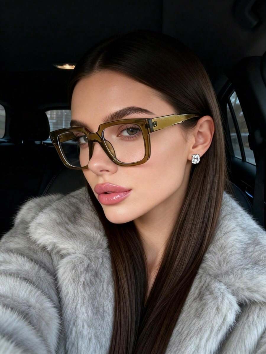 一副男女通用简约橄榄绿方框时尚眼镜，休闲百搭，适合日常佩戴、阅读、办公、街头风格。 - 綠色 - 查看 1