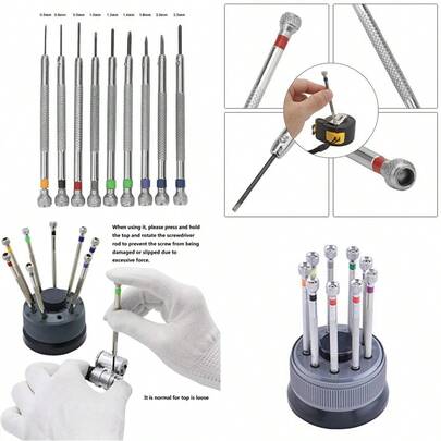 9 piezas Juego de destornilladores de relojero de 0,5 mm a 2,5 mm para joyería, relojes, gafas y talla grande