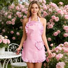 Women's Pink Kitchen Apron - Neck Tie Apron, Ruffle Trim Apron, Bow Heart Pocket, Easy Clean Cooking Apron, Cute Baking Apron, Mother's Day Gift, Valentine's Day Gift - A - View 6