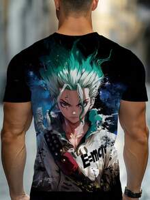 Men's 3D Printed Anime T-Shirt With Green Hair Character Full-Body Graphic - Lightweight Short Sleeve Summer Casual Shirt, Black Base With Color Print, Durable For Gym & Outfits (Machine Washable) - 黑色 - 查看 2