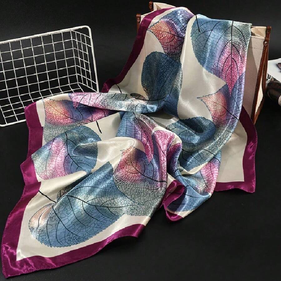90 Simulated Silk Satin Scarf Silk Scarf Large Square Scarf Women's Autumn And Winter New Versatile Foreign Fashion Thin Shawl - 26#青枝綠葉 - 查看 1
