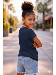 Girls' Streetwear T-Shirt, 100% Cotton, Sizes 2 To 16. Lightweight And Cool For Children And Teenagers. - 藏蓝色 - 查看 2