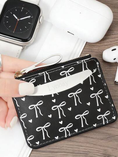 Pink Bow Love Pattern Versatile Card Pack, Zipper Card Holder, Multi-Card Card Organizer For Storage Credit Cards,Lightweight Minimalist,Fashion,Modern,Business,For Anniversary,For Christmas,On Valentine Day,For Birthday Gift,For Gift,For Lover For Women,For Girls,For Lady,For Female,Bag School Supplies For School Dorm Room & Back To School