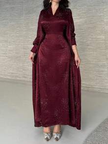 New Middle Eastern Women's Fashion Abaya With Rhinestone Decor, Pullover Long Robe (Random Rhinestone) - Red - View 3