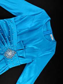 Vestido de sirena azul elegante talla grande para mujer con volantes y decoración de cintura con rhinestones, adecuado para fiesta de cóctel, invitada de boda, primavera - Azul - Ver 5