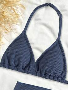 Tween Girls 3-Piece Knit Bikini Set With Halter Top, Patterned Fabric, And Modest Cover-Up Skirt, Suitable For Beach Swimming, European And American Fashion - Blue - View 3