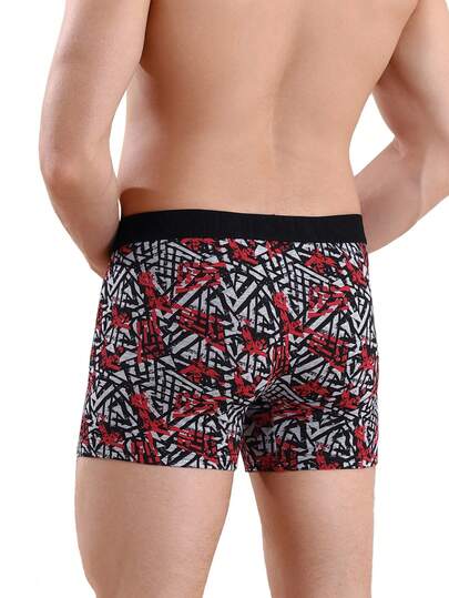 3pcs Men's Printed Boxer Briefs With Letter Belt, Fashion Mid-Rise Trunks With Crotch Seam Detail (Random Asymmetrical Print)