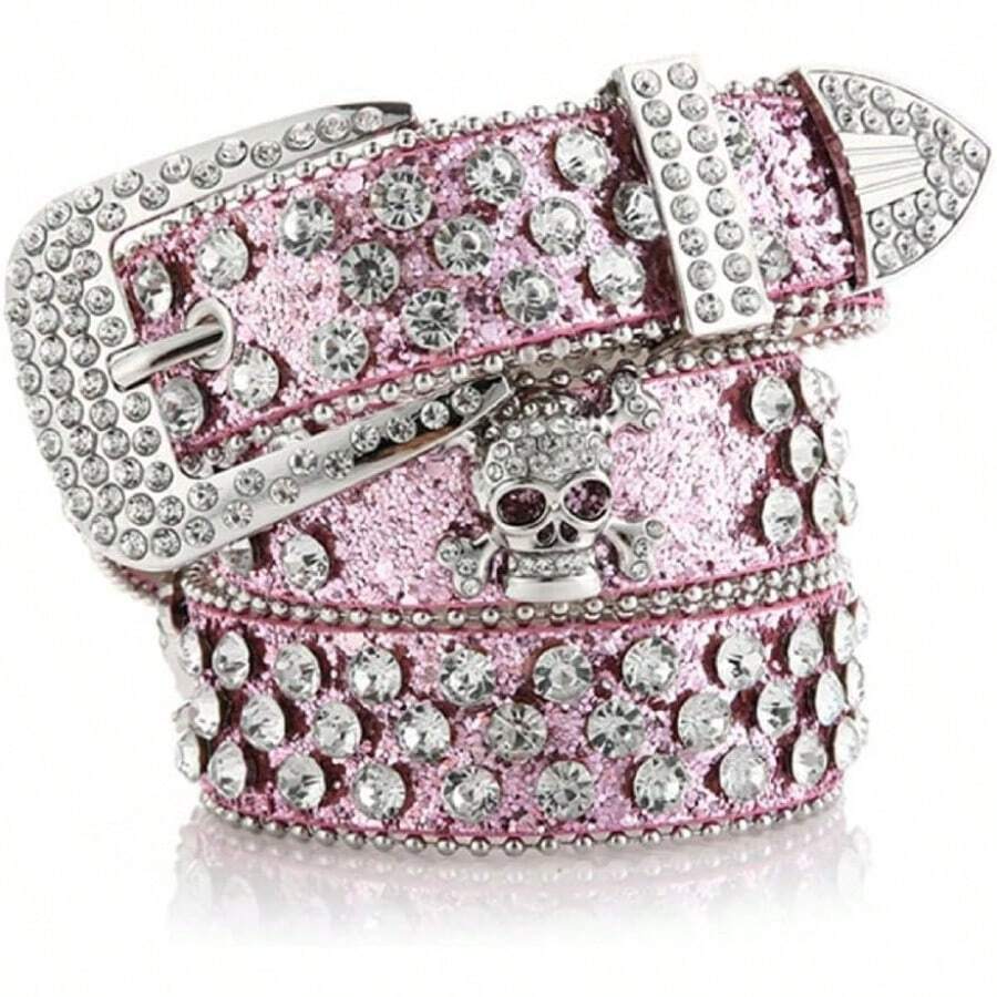 Scary Head Skull Buckle Waist Belt Shinning Buckle Belts For Women Men Luxury Waist Strap For Jeans Dress Faux-Lea - màu đen - Xem 1