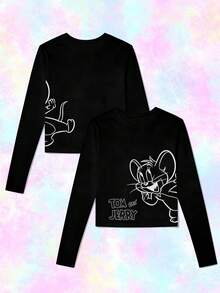 SHEIN X Tom & Jerry 女款可愛卡通印花長袖T恤 - 展現可愛風格，適合日常休閒穿著，黑色 - 黑色 - 查看 2