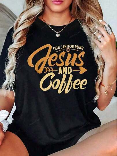 Camiseta de portero de café: este portero confía en Jesús y el café - Camiseta casual de manga corta y cuello redondo para mujeres, adecuada para primavera y verano, camiseta gráfica impresa adecuada para amantes del deporte