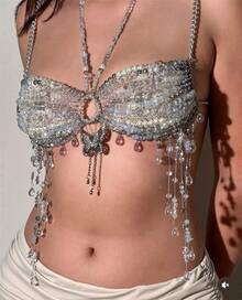 GLOSSMOON Handmade Crystal Beaded Body Chain Bra - Resin Tassel Chest Chain - Boho Beach Party & Rave Jewelry For Women  Moonlit Crystal & Resin Body Chain | Ultimate Mermaidcore Aesthetic | Lightweight Festival Rave Top Jewelry - 白色 - 查看 2