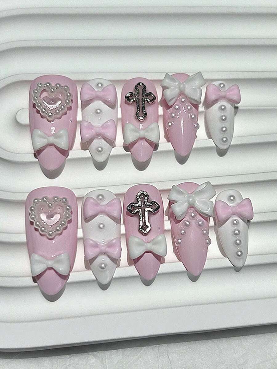 10pcs Y2K Baddie Bow Pearl Cute Pink & White Handmade Press-On Nails With Heart Cross Kawaii Art False Nails Manicure Supplies (1pc Jelly Sticker + 1pc Nail File) - Pink - View 1