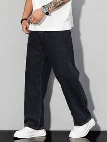 2026 New Men's Solid Color Black, Blue, Light Blue Straight Leg Jeans, Men's Loose Casual Jeans Pants, Fashionable, Versatile And Comfortable, Can Be Worn All Year Round - 黑色 - 查看 4