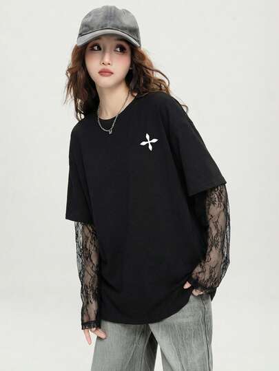 2026 New Lace Patchwork Sleeve Printed T-Shirt, Avant-Garde Comfortable Versatile Women Long Sleeve Top Casual Spring