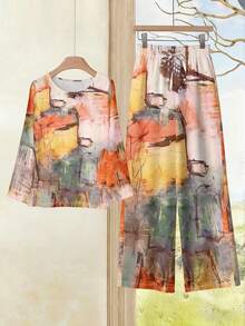 Four Seasons Two-Piece Set Woven Fabric Vacation Photoshoot Airport Crew Neck Top And Long Pants Set Casual Drawstring - Nhiều màu - Xem 3