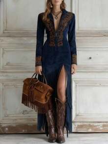 Burgundy Dress Vestidos Elegantes De Mujer Vestidos De Mujer Elegantesdresses for Women Long Dresses for Women Vestidos Elegantes De Mujer Fitted Embroidery + Fringed Dress - Azul profundo - Ver 2