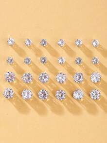 24 pièces Ensemble de boucles d'oreilles à la mode minimaliste avec zirconium cubique et rond brillant, idéal pour les fêtes, les rendez-vous, les cadeaux, et un port polyvalent au quotidien - Argent - Voir 9