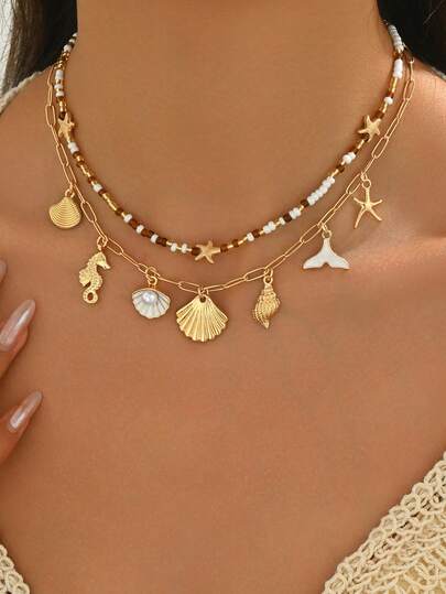 Set de 2 collares con colgante de criaturas marinas de estilo bohemio e insular, collares de gargantilla hechos a mano con cuentas, conjunto de joyas de moda para mujer, adecuado para uso diario, playa, fiesta, festival de música