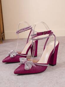 Elegant Women's Pointed Toe Solid Color High Heel Pumps, Fashion Rhinestone Bow Sexy Rhinestone Strap Shoes - Hot Pink - View 2