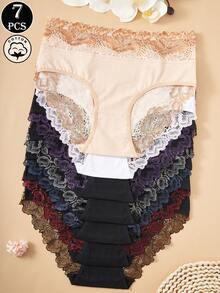 7条装高腰撞色蕾丝纯棉内裤，舒适透气女士内裤 - 彩色 - 查看 2