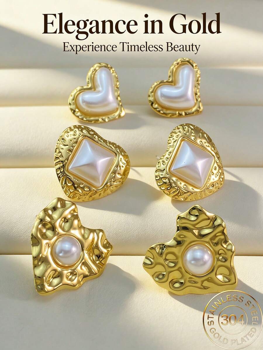 Bohemian Flowing Heart-Shaped Pearl Earrings - Golden Heart Earrings With Bubble-Shaped Hearts - Heart Design - Ladies Heart-Shaped Earrings, Fashion Jewelry(1/3pairs) - Multicolor - View 1