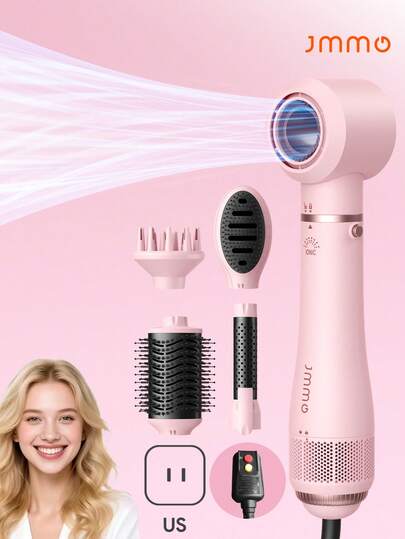 JMMO 五合一热风梳 - 美规插头，集吹风梳和空气卷发造型器于一体，采用负离子技术，可用于吹干、卷发、拉直和造型，专业美发造型工具