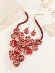 1 Set Exaggerated Multi-Layer Handmade Aluminum Wire Woven Resin Acrylic Chain Bohemian European Middle Eastern European Korean Version Evening Party Holiday Beautiful Lady Artificial Crystal Shaped Necklace Earrings - Purple - View 6