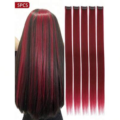 5pcs Colorful Clip-In Hair Extensions, 20-Inch Straight Synthetic Hair Clips For Party Costume, Christmas Or New Year Gift For Girls (Wine Red)