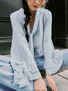 Women's Ruffled Tops Bow Tie Design Long Sleeve Peplum Lace Trim Chiffon Shirt Sheer V Neck Boho Ruffle Beach Blouse - 淺藍色 - 查看 3