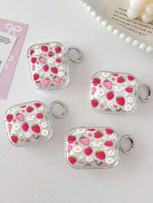 Strawberry Flower Painted Transparent Earphone Case With Button, Protective Soft Shell Compatible With Apple 1/2/3/4, Compatible With Airpods Pro 2nd, 3rd, 4th, 5th Generation Wireless Bluetooth Earphones, Transparent Case For Women - Multicolor - View 2