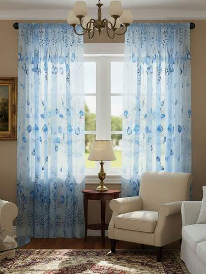 1pc Blue Iris Sheer Curtain, Modern Minimalist Style, Lightweight Translucent Polyester Fabric, Rod Pocket Top For Easy Hanging, Suitable For Bedroom, Living Room, Balcony